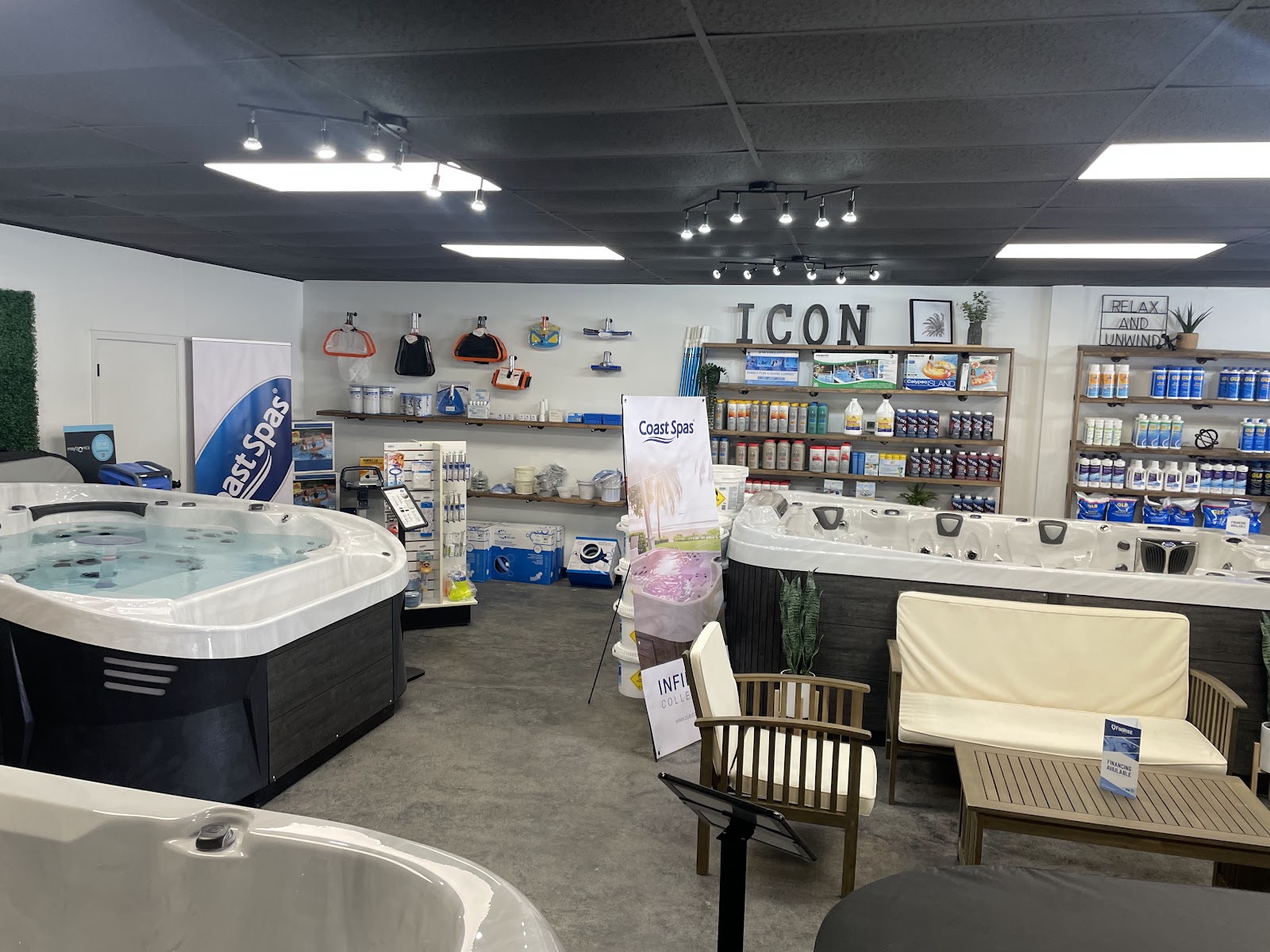 Icon Pools retail showroom stocked with chemicals and supplies